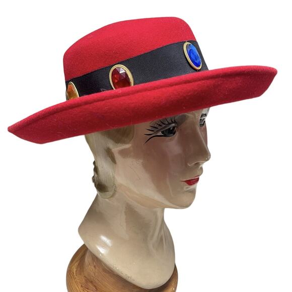 Vintage Red Felt Rhinestone Red Purple Blue Clear Green Hat 1980’s Jody Watley main image 8